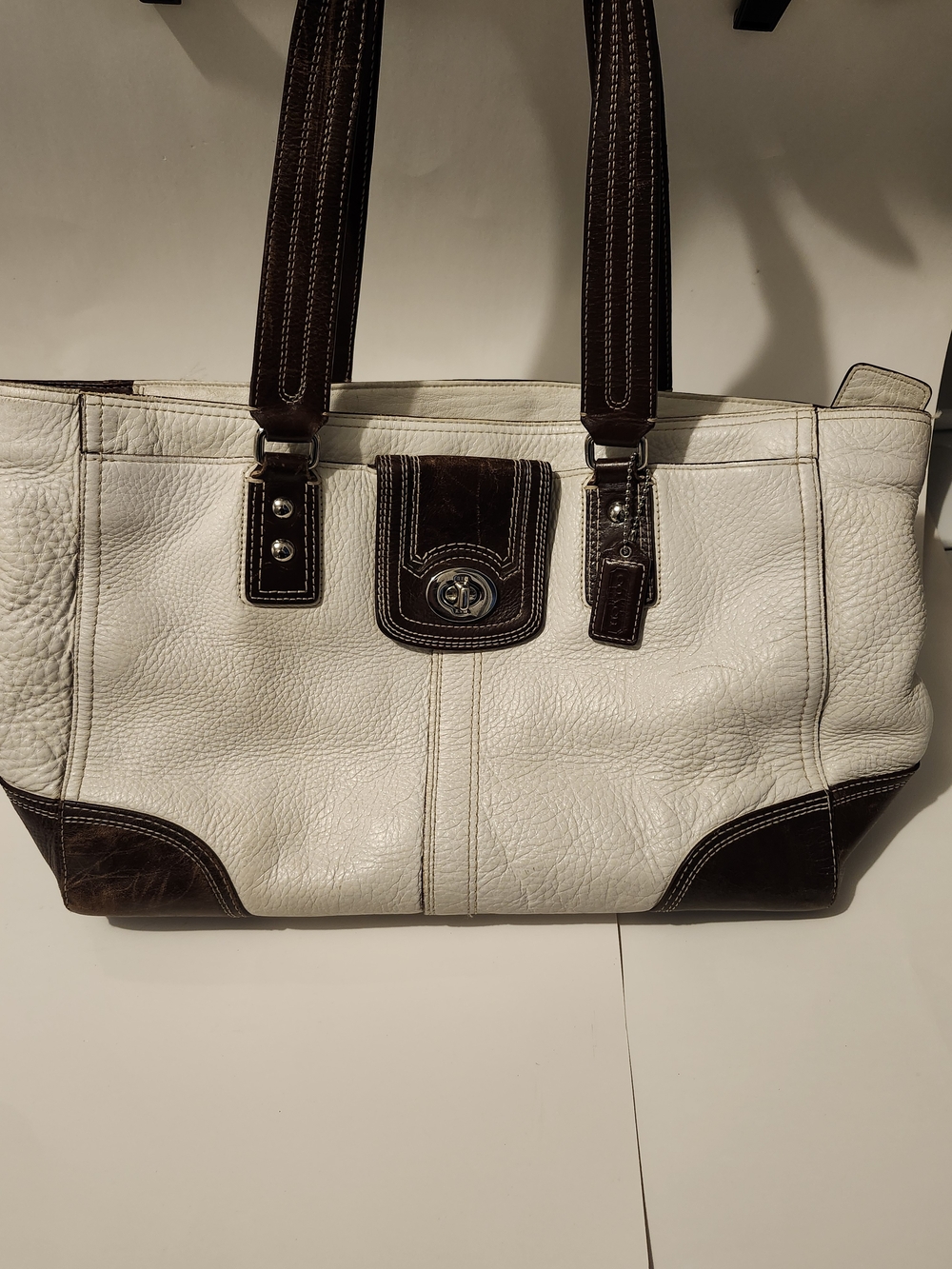 Coach Two-Tone White and Brown Leather Shoulder Tote - Picture 1 of 4